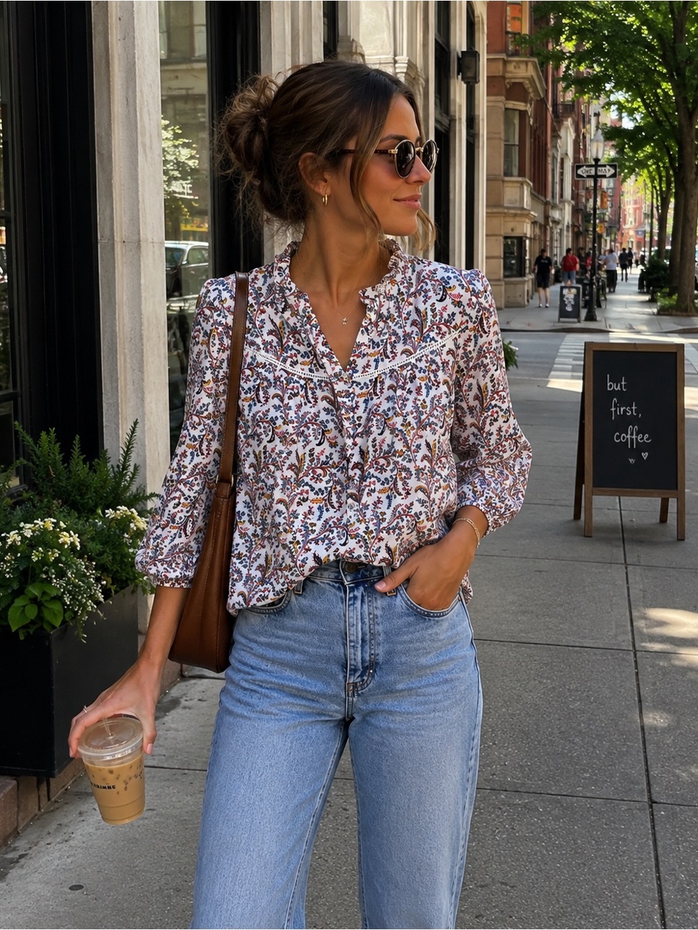 UNTUCKit White Floral Pintuck Peasant Blouse